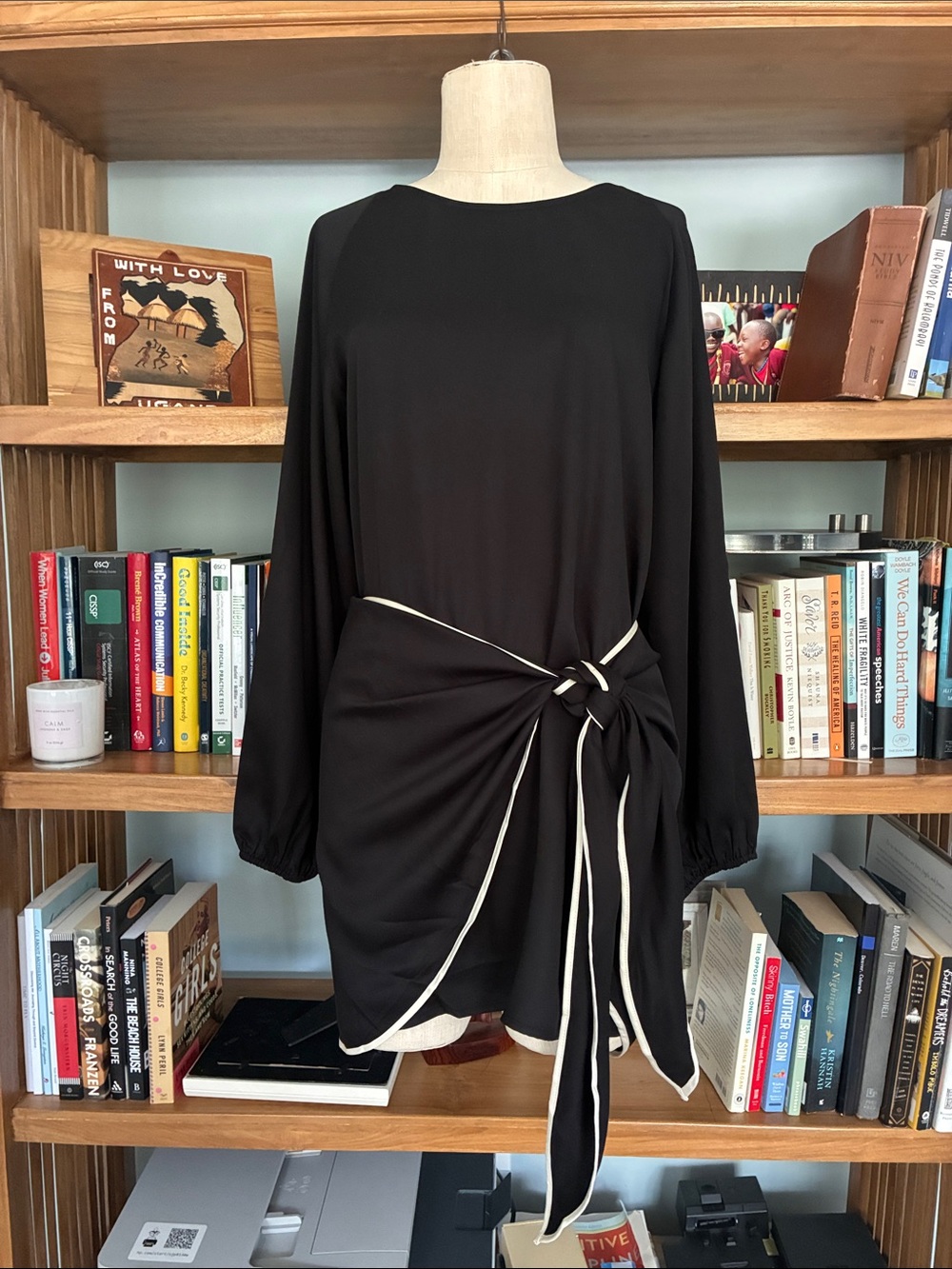 Third Form Black Mini Dress with White Trim Tie Detail